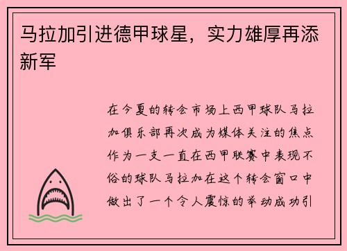 马拉加引进德甲球星，实力雄厚再添新军