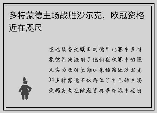 多特蒙德主场战胜沙尔克，欧冠资格近在咫尺