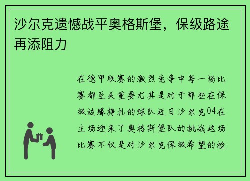 沙尔克遗憾战平奥格斯堡，保级路途再添阻力