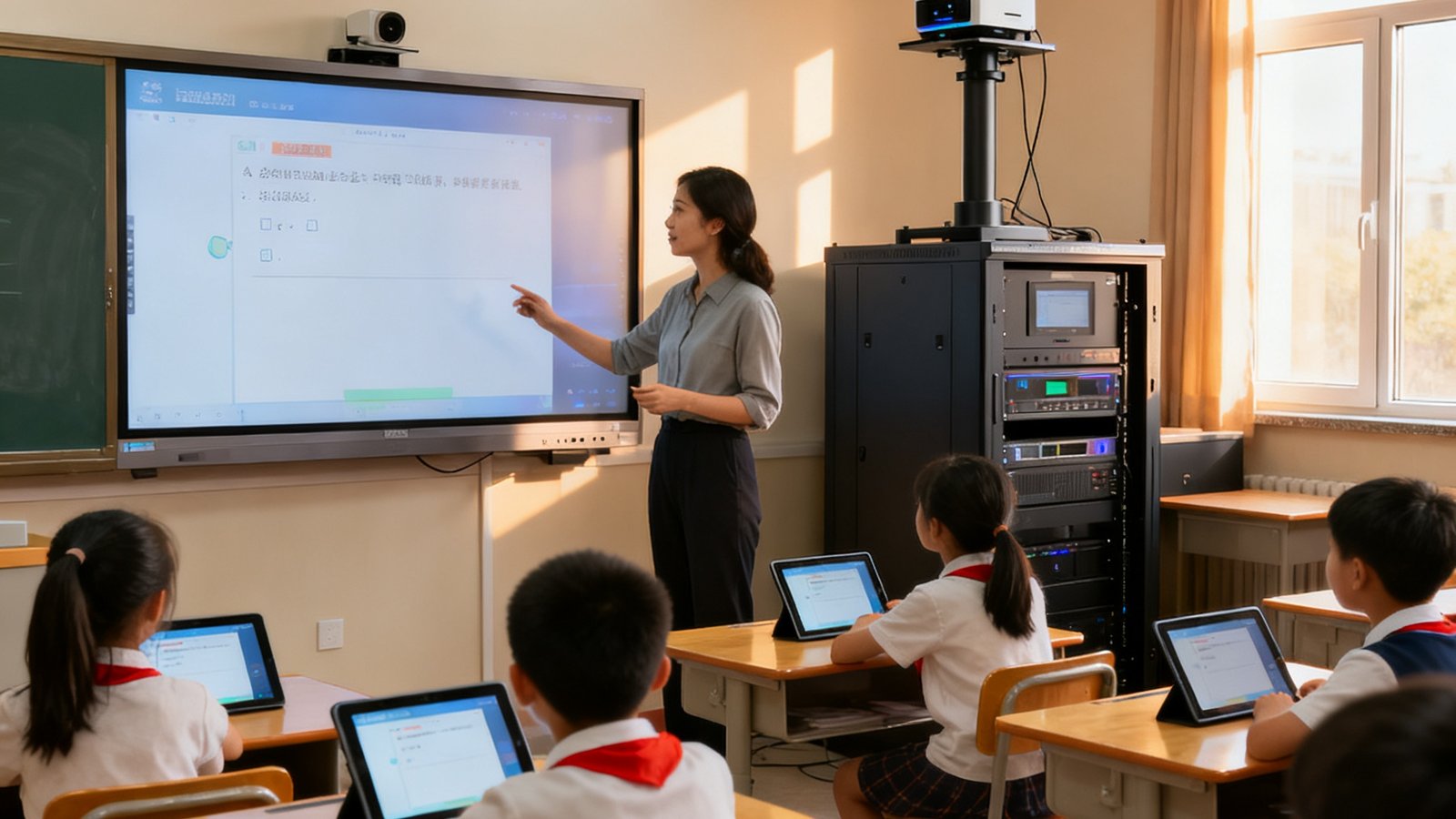 一间小学智慧录播教室内，教师正使用电子白板进行互动教学，教室后排机柜上方安装有可遥控的云台摄像机，学生课桌上摆放着平板设备用于实时答题反馈，窗边自然光与室内灯光融合营造舒适学习环境